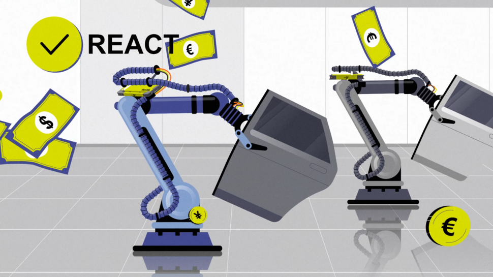 Illustration of industrial robot arms equipped with BizLink dresspacks saving costs through smart condition monitoring with careDP
