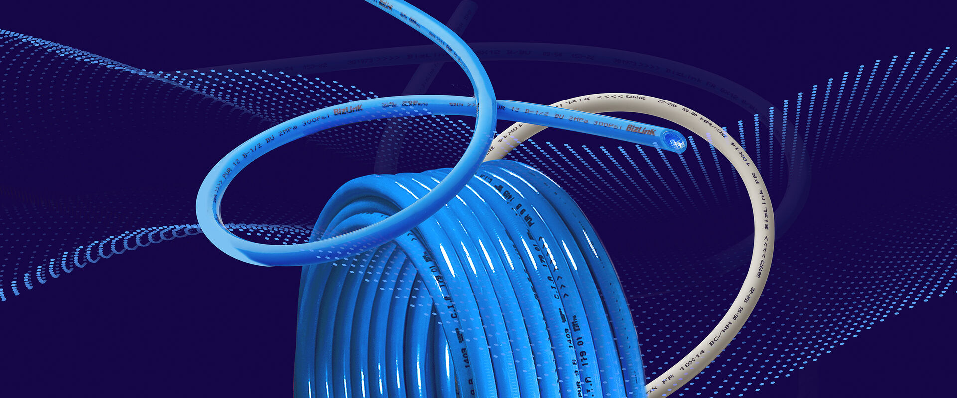 Blue and white PUR and FR hoses with BizLink print, arranged in a dynamic composition