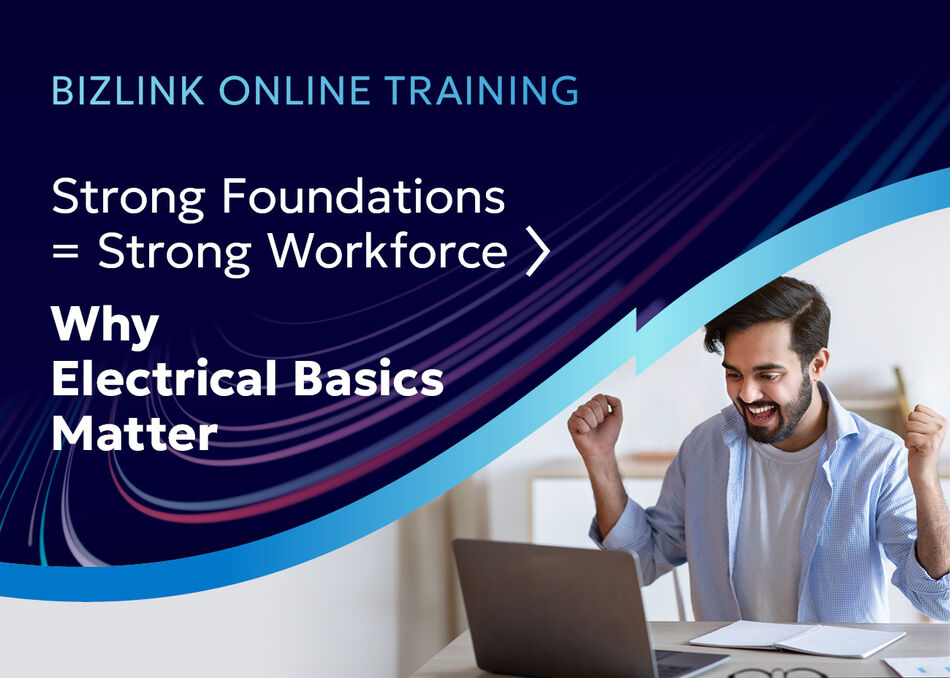 BizLink online training highlighting the importance of electrical basics, showing a professional learning at a laptop